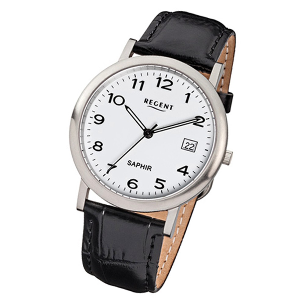 Regent Herren-Armbanduhr F-806 Quarz-Uhr Leder-Armband schwarz URF806