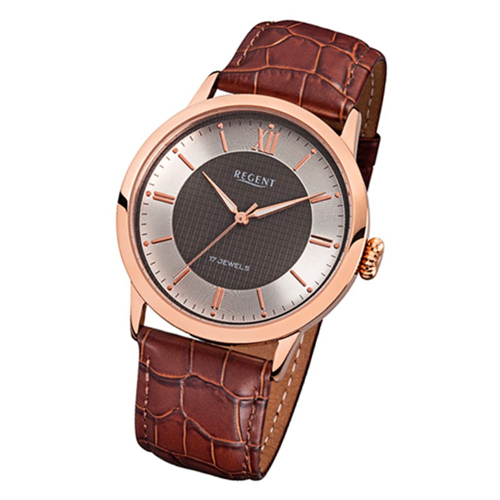 Regent Herren-Armbanduhr Handaufzug mechanisch Leder braun roségold Uhr URF815