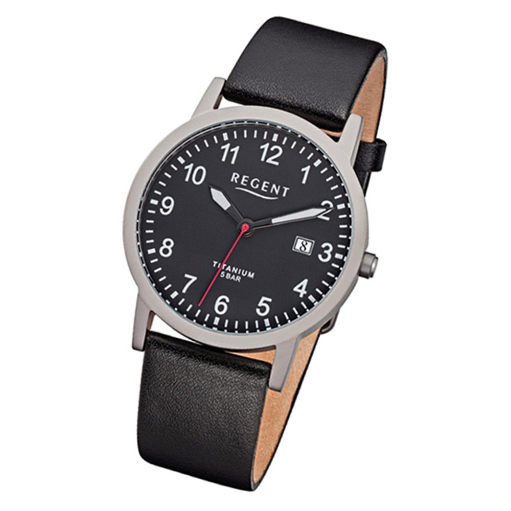 Regent Herren-Armbanduhr F-852 Titan-Uhr Leder-Armband schwarz URF852