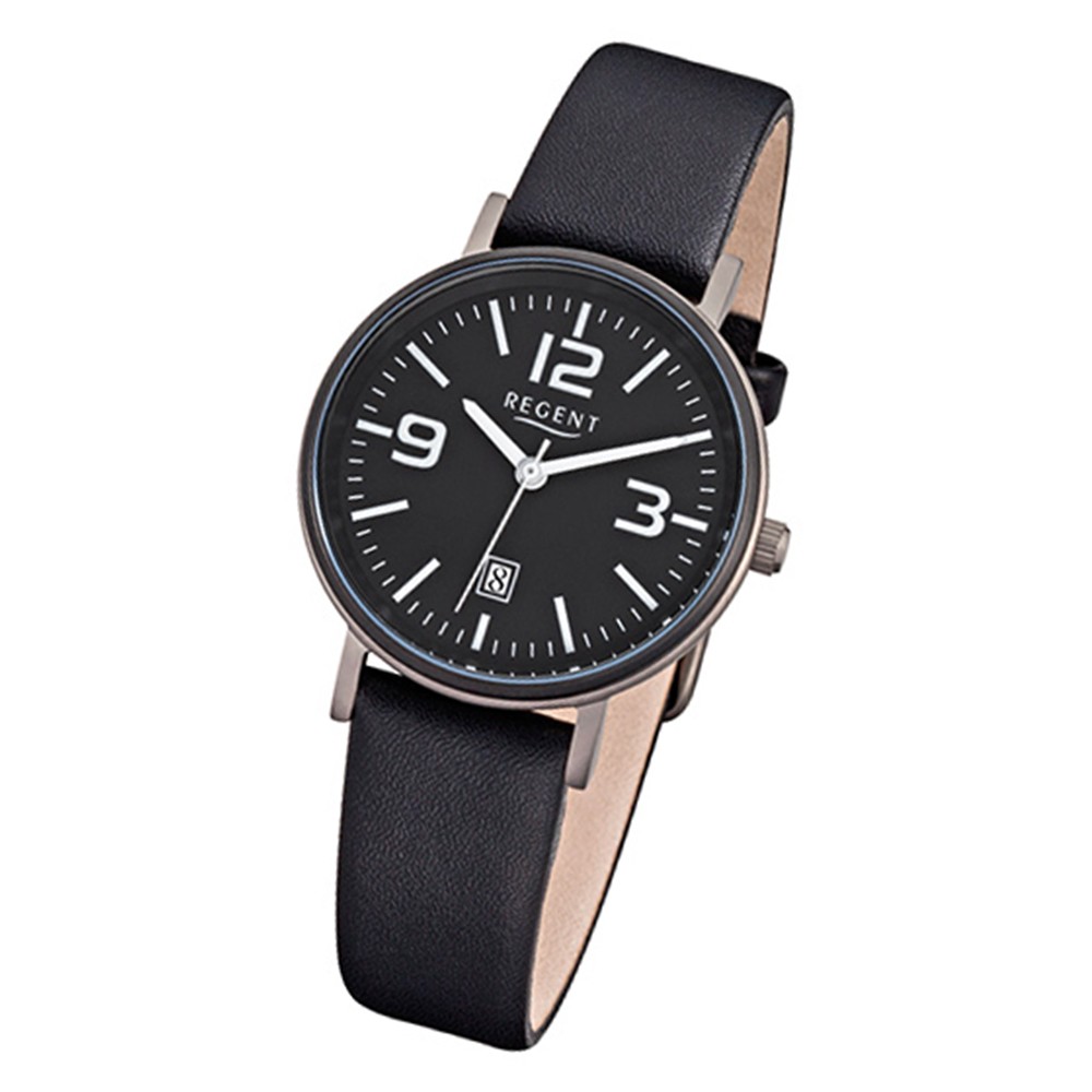 Regent Damen-Armbanduhr F-862 Titan-Uhr Leder-Armband schwarz URF862