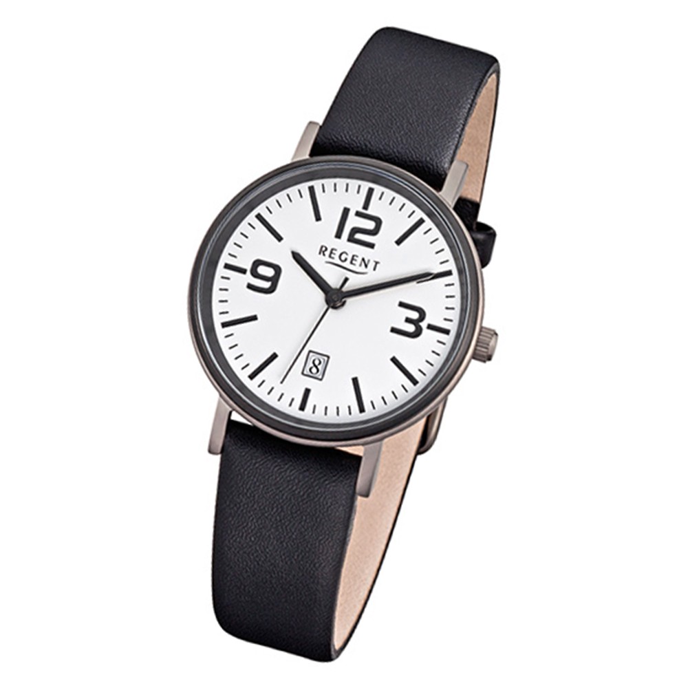 Regent Damen-Armbanduhr F-863 Titan-Uhr Leder-Armband schwarz URF863