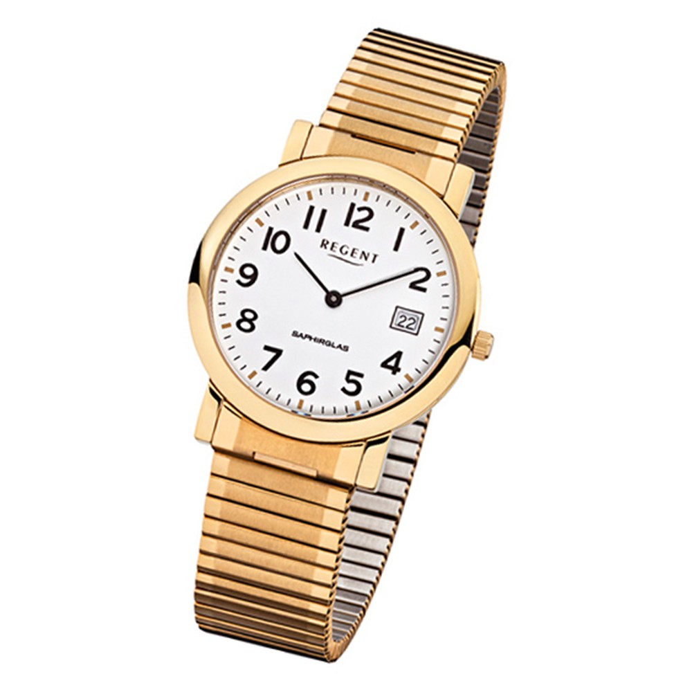 Regent Damen, Herren-Armbanduhr F-882 Quarz-Uhr Stahl-Armband gold URF882