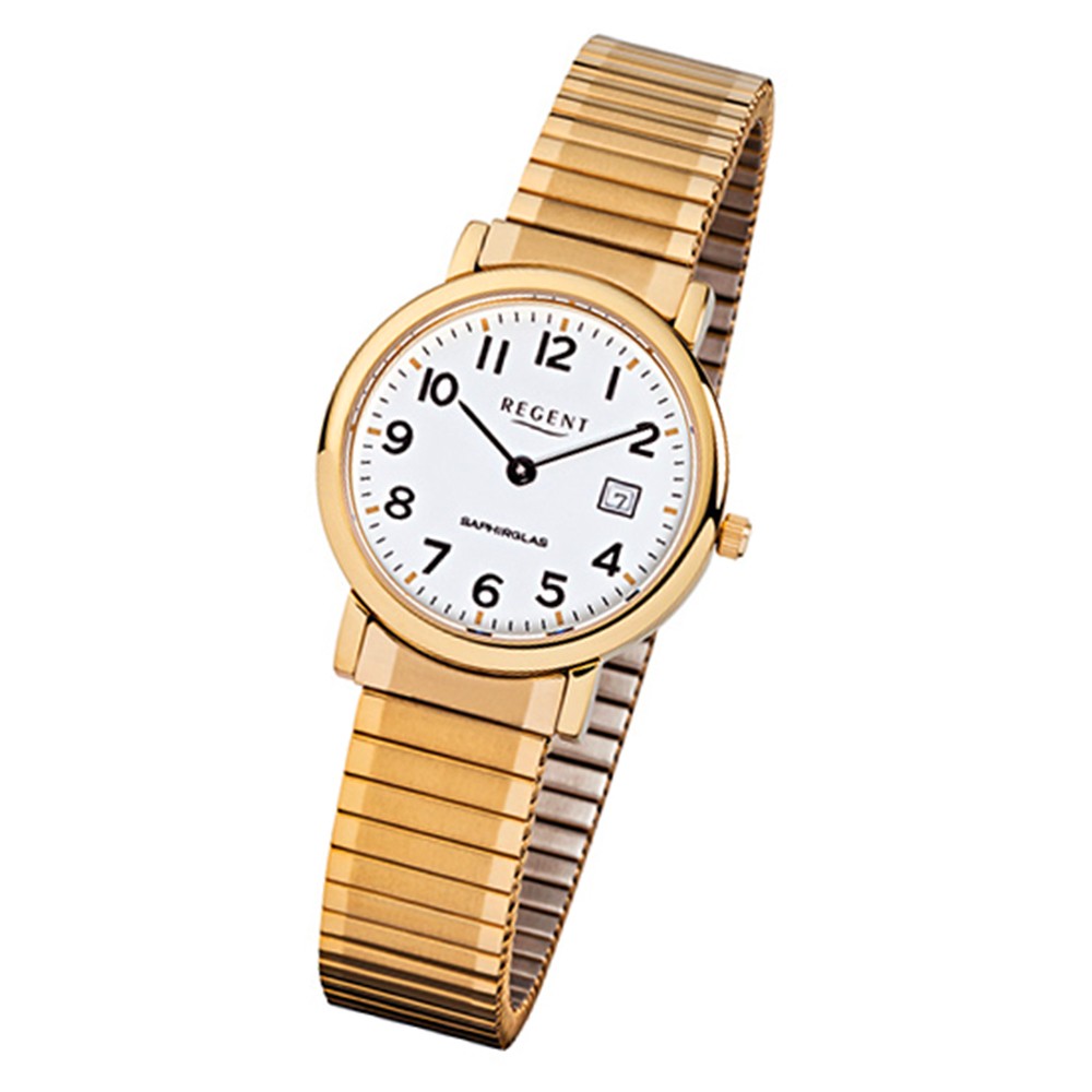 Regent Damen, Herren-Armbanduhr F-883 Quarz-Uhr Stahl-Armband gold URF883