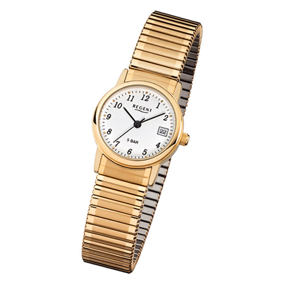 Regent Damen, Herren-Armbanduhr F-890 Quarz-Uhr Stahl-Armband gold URF890