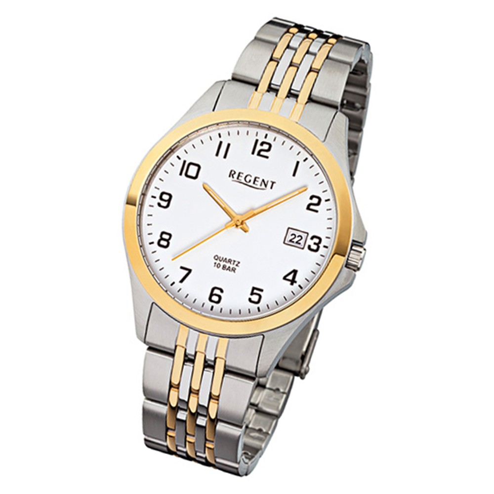 Regent Herren-Armbanduhr F-917 Quarz-Uhr Stahl-Armband silber gold URF917