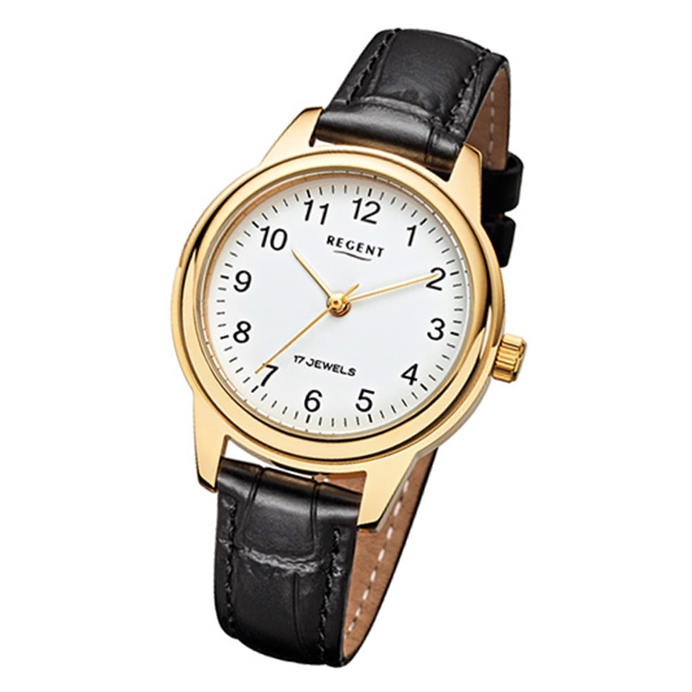 Regent Damenuhr Handaufzug Leder schwarz Gehäuse ionenplattiert Gold Uhr URF1395 URF959