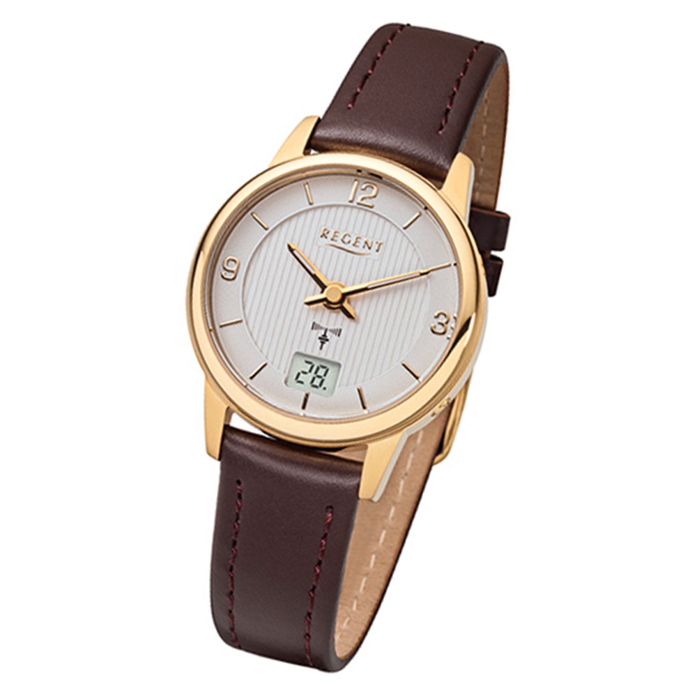 Regent Damen-Armbanduhr FR-197 Funkuhr Leder-Armband braun URFR197