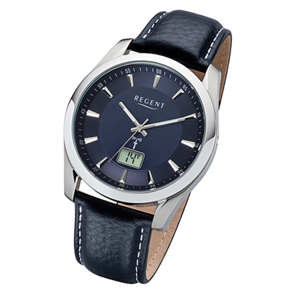 Regent Herren-Armbanduhr FR-233 Funkuhr Leder-Armband blau URFR233