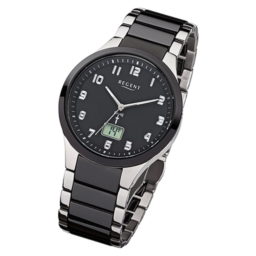 Regent Herren-Uhr FR-236 Funkuhr Stahl-Keramik-Armband schwarz silber URFR236