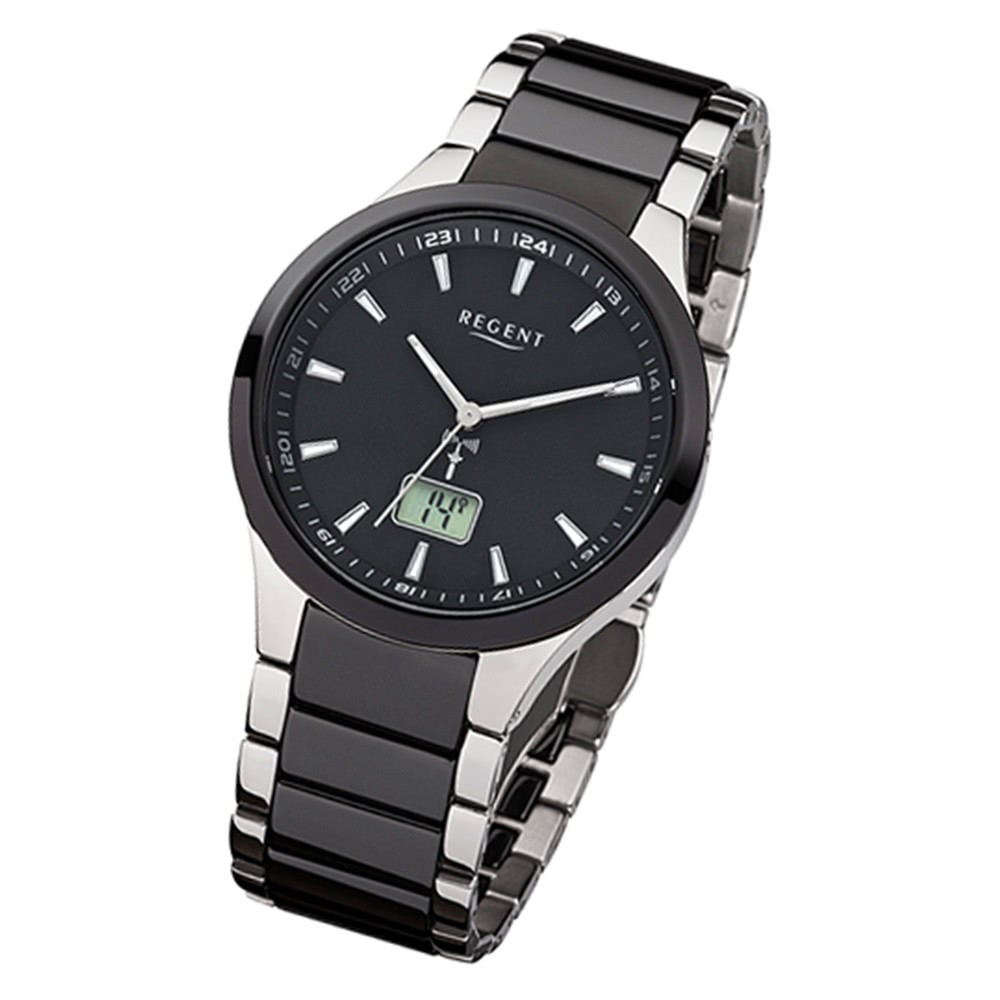 Regent Herren-Uhr FR-237 Funkuhr Stahl-Keramik-Armband schwarz silber URFR237