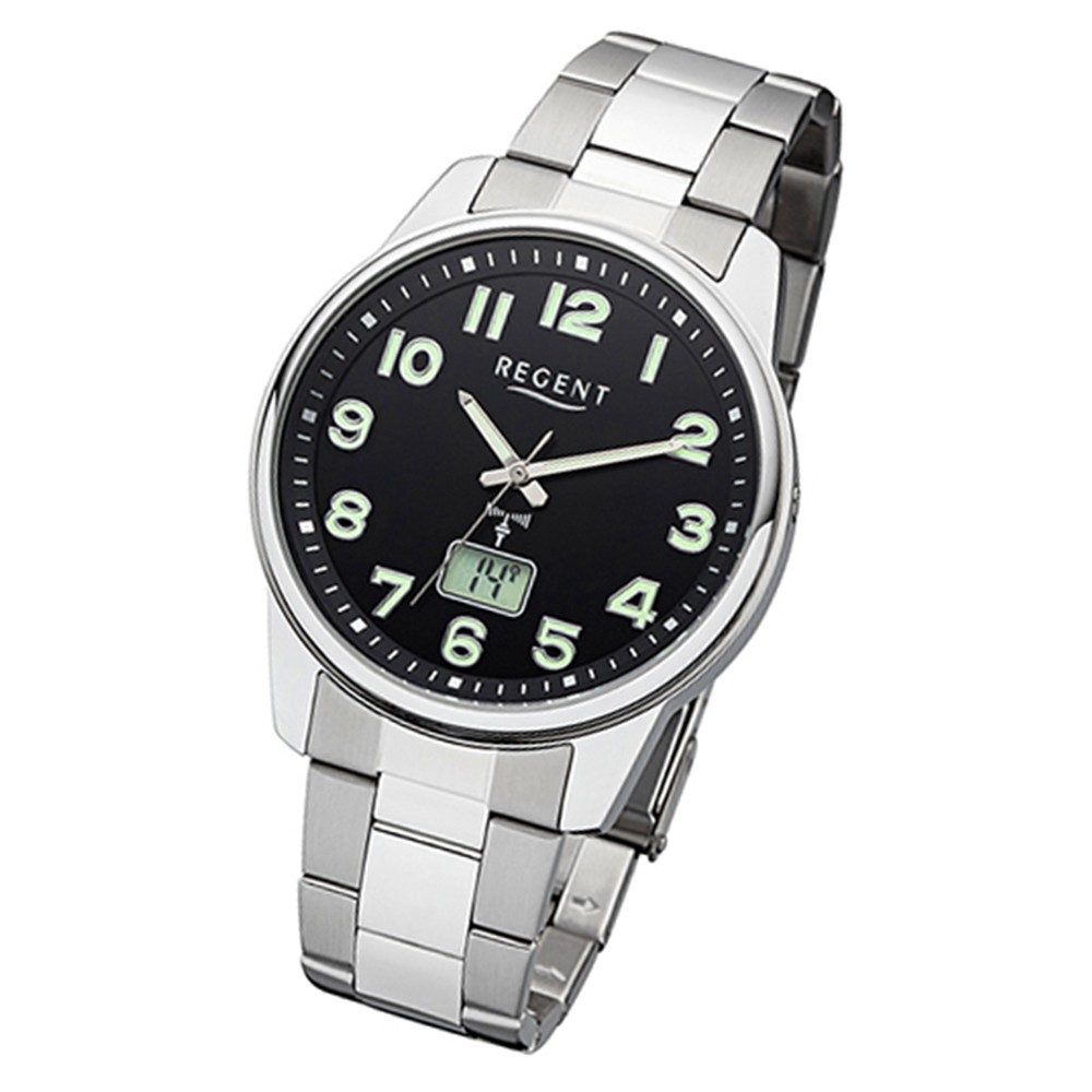 Regent Herren-Armbanduhr FR-241 Funkuhr Stahl-Armband silber grau URFR241