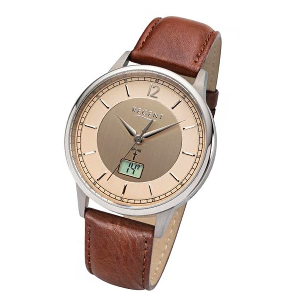 Regent Herren Funkuhr Analog-Digital FR-249 Funk-Uhr Leder braun URFR249