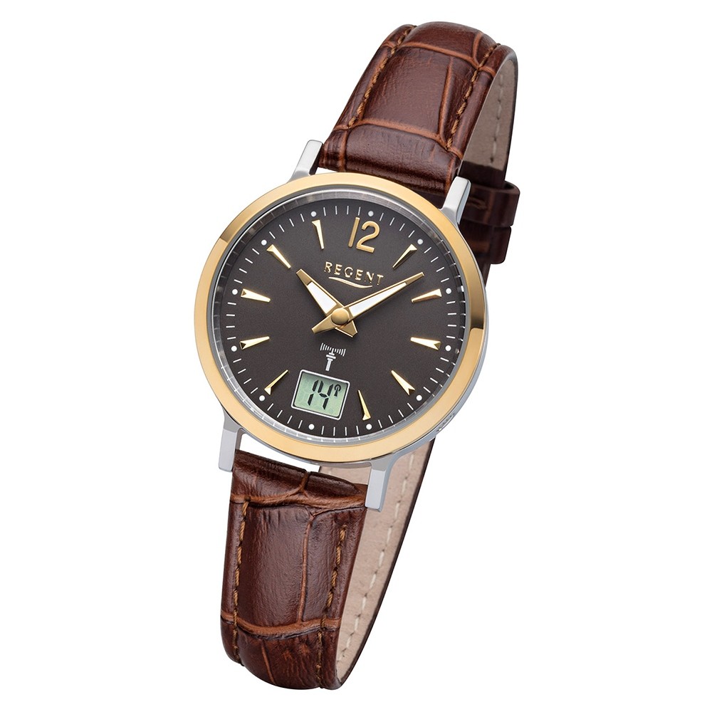 Regent Damen Funkuhr Analog-Digital FR-257 Funk-Uhr Leder braun URFR257