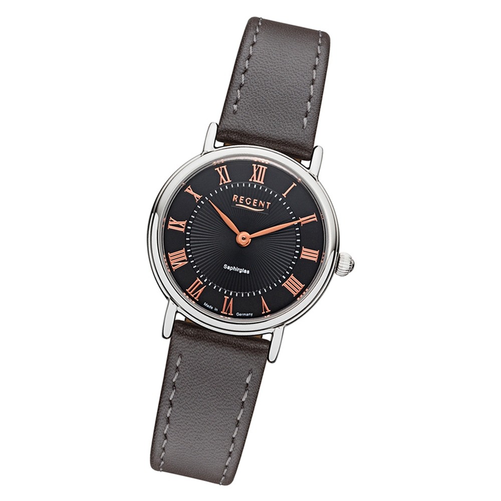 Regent Damen Armbanduhr Analog GM-1602 Quarz-Uhr Leder grau URGM1602