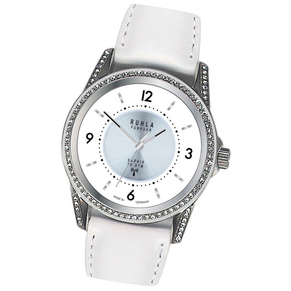 RUHLA Damen-Armbanduhr Funkuhr FU 114-101 ws Lederarmband Uhr URU114101W