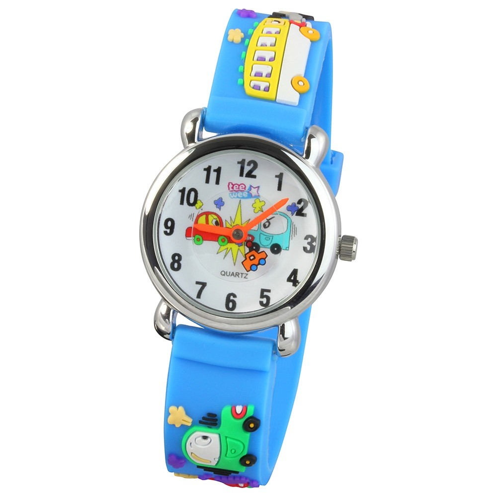 Tee-Wee Kinderuhr hellblau Autos 3D Kautschukband Kinder Uhren UW519H