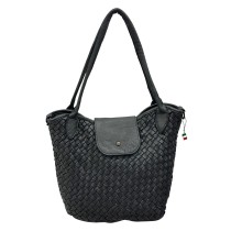 Florence Damen Schultertasche geflochtene Echtleder Tasche schwarz OTF862S1