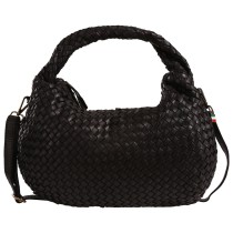 Florence Damen Schultertasche geflochtene Echtleder Used Look schwarz OTF866S1