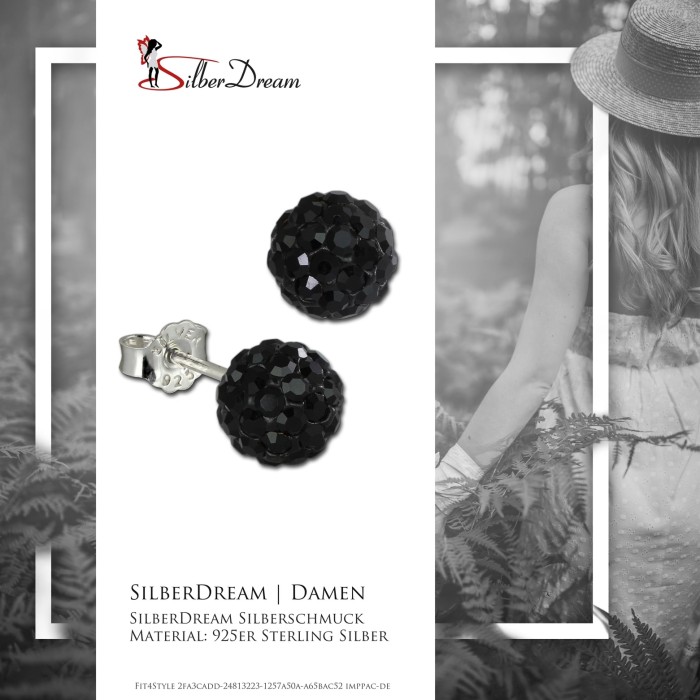 SilberDream Orecchini In Argento Sterling 925 Con Cristalli Preciosa Neri - Rotondi, Glitter, 0,6 Cm