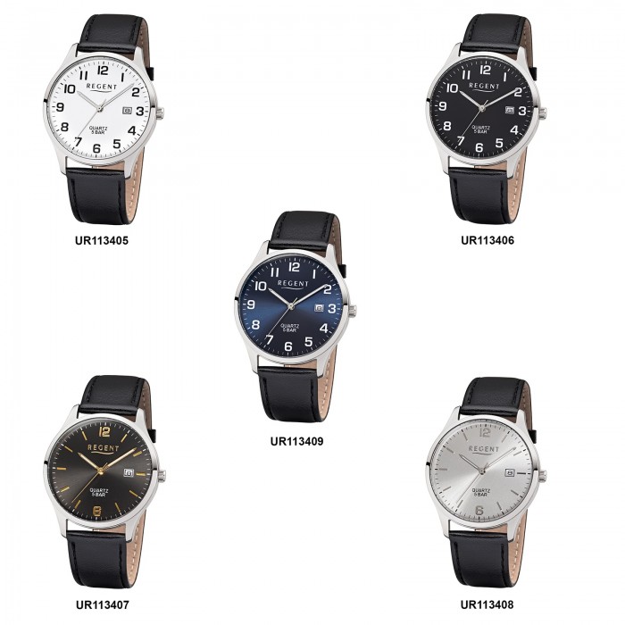 Regent Herren-Armbanduhr F-1241 Quarz-Uhr schwarz Leder-Armband UR1113405