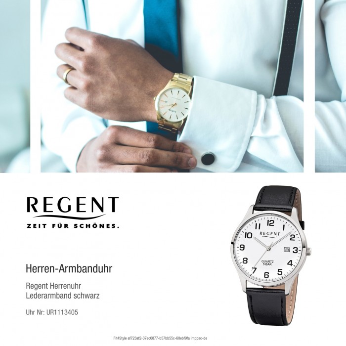 Regent Herren-Armbanduhr F-1241 Quarz-Uhr Leder-Armband schwarz UR1113405