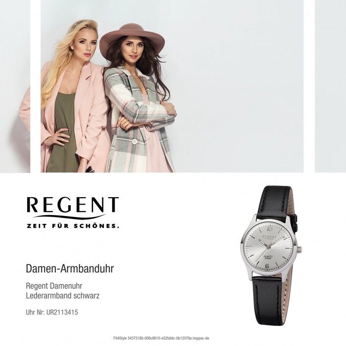 32-2113415 Regent Damen-Armbanduhr Quarz-Uhr UR2113415 schwarz Leder-Armband