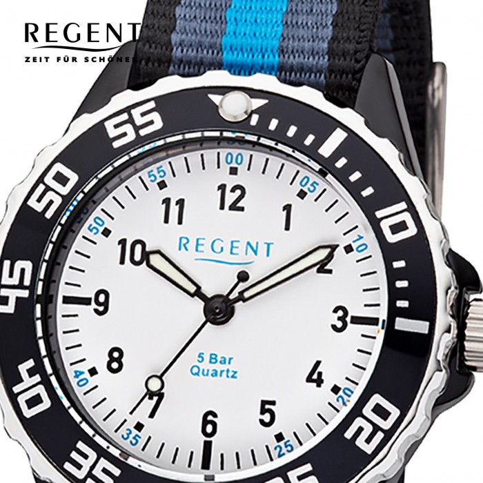 Regent Kinder Armbanduhr Analog F-1204 Quarz-Uhr Textil blau schwarz URBA383