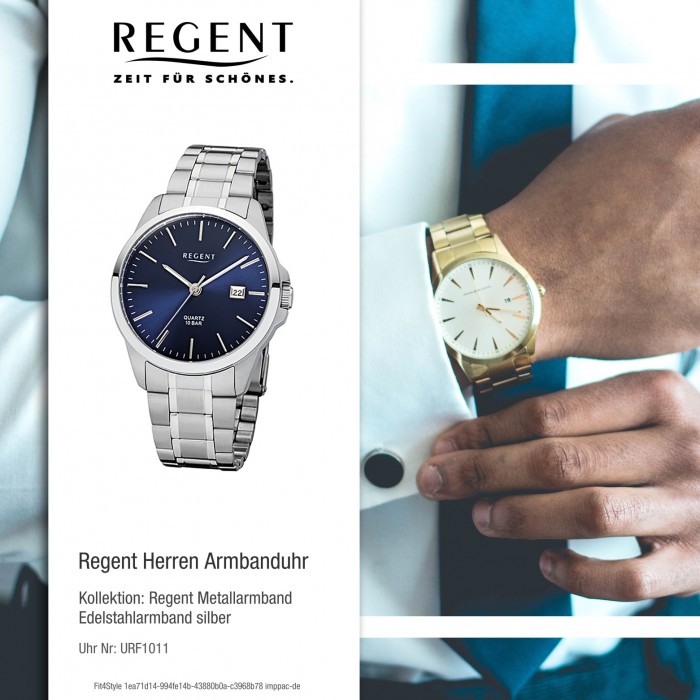 Regent Herren-Armbanduhr 32-F-1011 Quarz-Uhr Edelstahl-Armband silber  URF1011