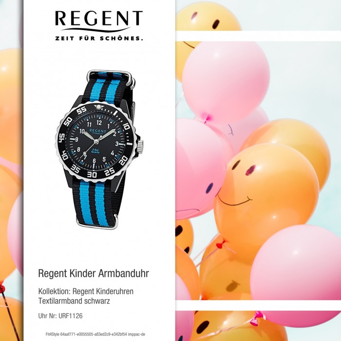 Regent Kinder, Jugend-Armbanduhr 32-F-1126 Quarz-Uhr Textil, Stoff-Armband  schwarz blau URF1126