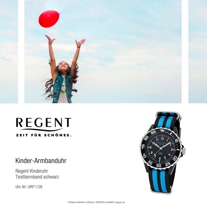 Regent Kinder, Jugend-Armbanduhr 32-F-1126 Quarz-Uhr Textil, Stoff-Armband  schwarz blau URF1126