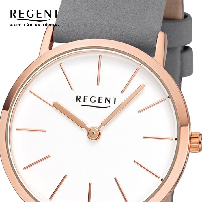 Regent Damen Armbanduhr Analog F-1221 URF1221 Leder Quarz-Uhr grau