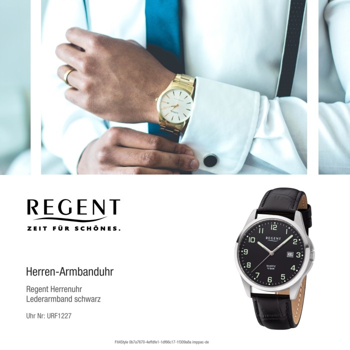 Regent Herren Armbanduhr Analog F-1227 Quarz-Uhr Leder schwarz URF1227