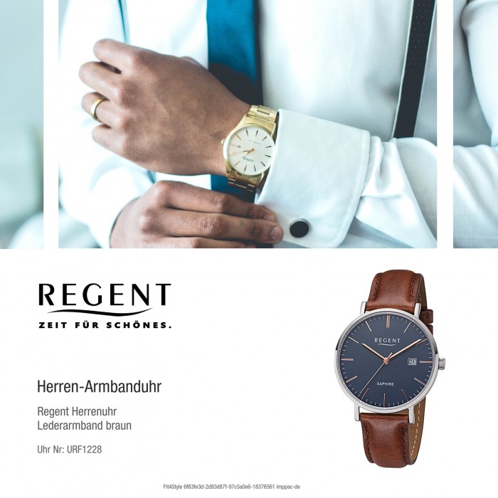 Regent Herren Armbanduhr Analog F-1228 Quarz-Uhr Leder braun URF1228