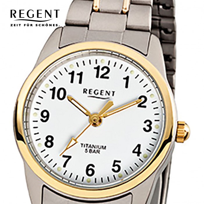Regent Damen-Armbanduhr - Titan Damenuhren - Quarz silber gold Uhr URF428