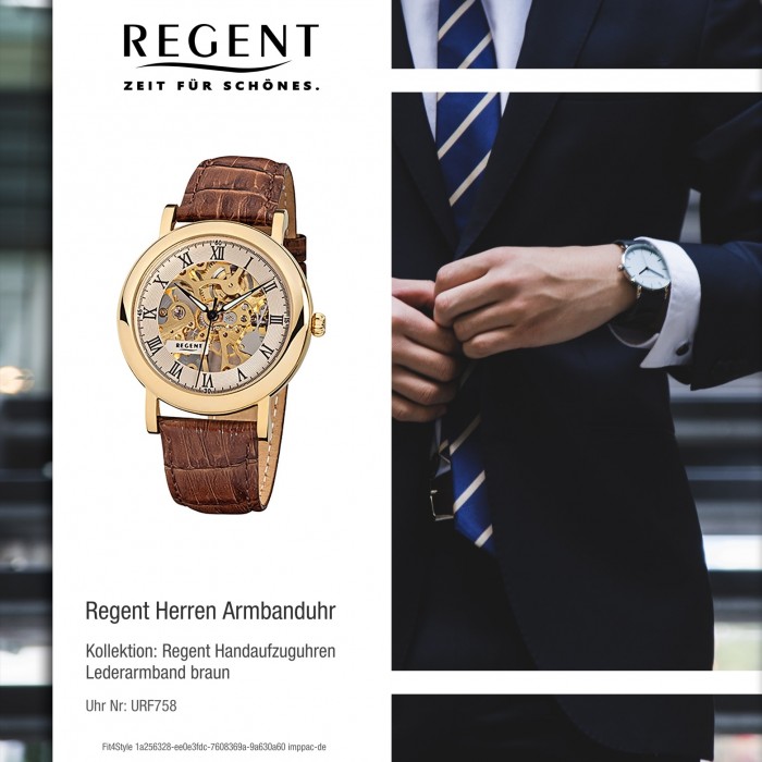 Leder Regent braun Herren-Armbanduhr URF758 Mineralglas Handaufzug F-1390 mechanisch
