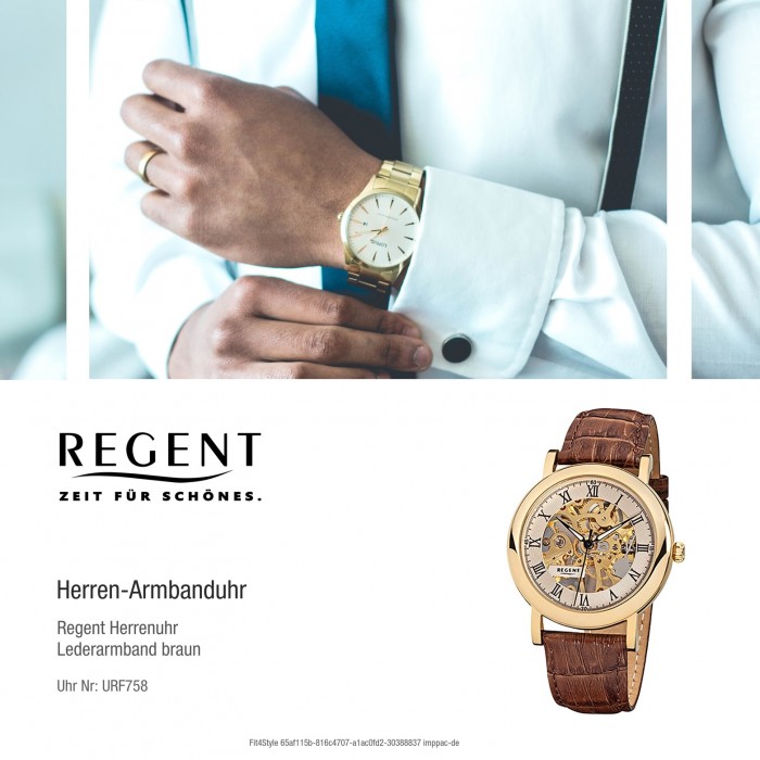 Regent Herren-Armbanduhr Mineralglas Handaufzug Leder braun mechanisch F-1390  URF758