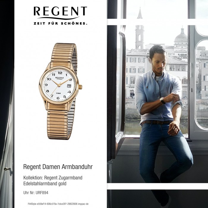 Regent Damen, Herren-Armbanduhr Stahl-Armband Quarz-Uhr F-894 gold URF894