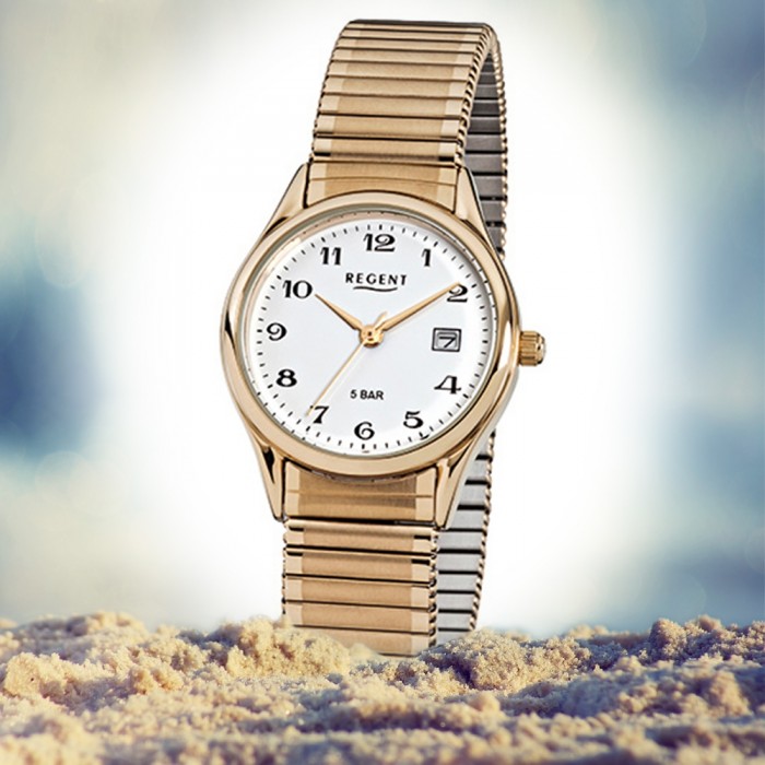 Regent Damen, Stahl-Armband gold F-894 URF894 Quarz-Uhr Herren-Armbanduhr