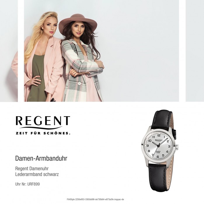 Regent Damen-Armbanduhr Titan-Uhr Quarz Leder schwarz Leuchtzeiger Uhr  URF899