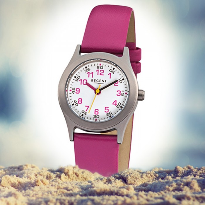 Leder-Armband Kinder-Armbanduhren Kinderuhren Regent Quarzwerk URF946 pink