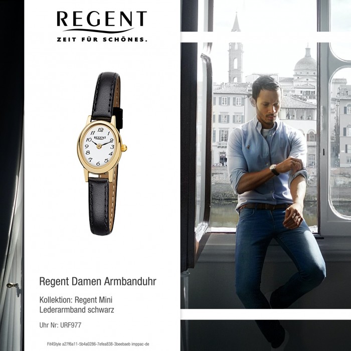Damen-Armbanduhr Regent schwarz Leder-Armband Quarz-Uhr URF977 F-977 Mini