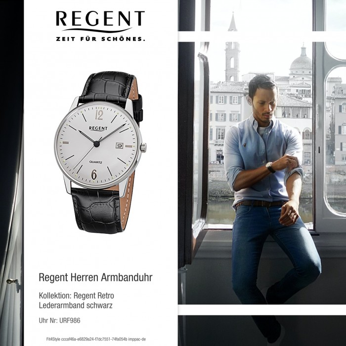 Regent Herren-Armbanduhr F-986 Quarz-Uhr Retro Leder-Armband schwarz URF986