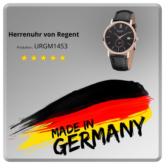 URGM1453 Regent Herren-Armbanduhr Leder-Armband schwarz Quarz-Uhr Uhr