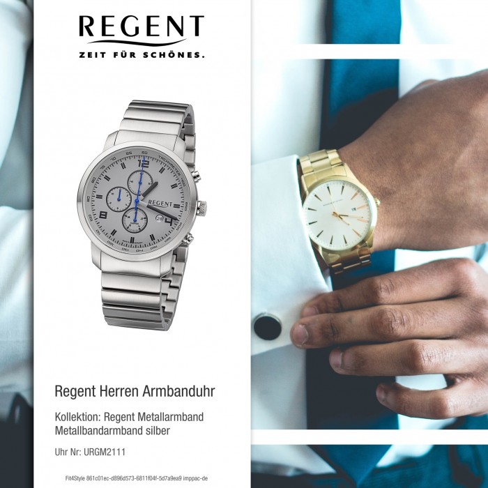 Regent Herren Armbanduhr Analog GM-2111 Quarz-Uhr silber URGM2111 Metallband