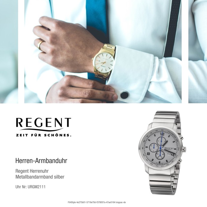 Regent Herren Armbanduhr Analog GM-2111 Quarz-Uhr Metallband silber URGM2111