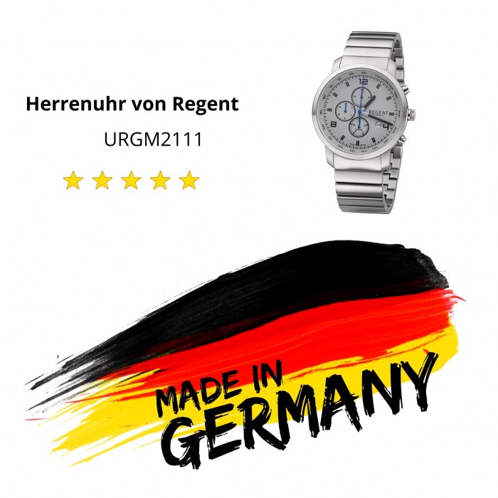 Regent Herren Armbanduhr Analog Metallband silber GM-2111 Quarz-Uhr URGM2111