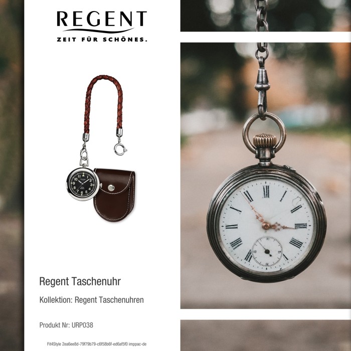 Regent Taschenuhr Herren P-38 Quarz-Uhr mit Lederkette und Ledertäschchen  URP038