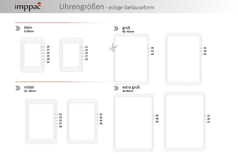 Größentabelle für eckige Uhren