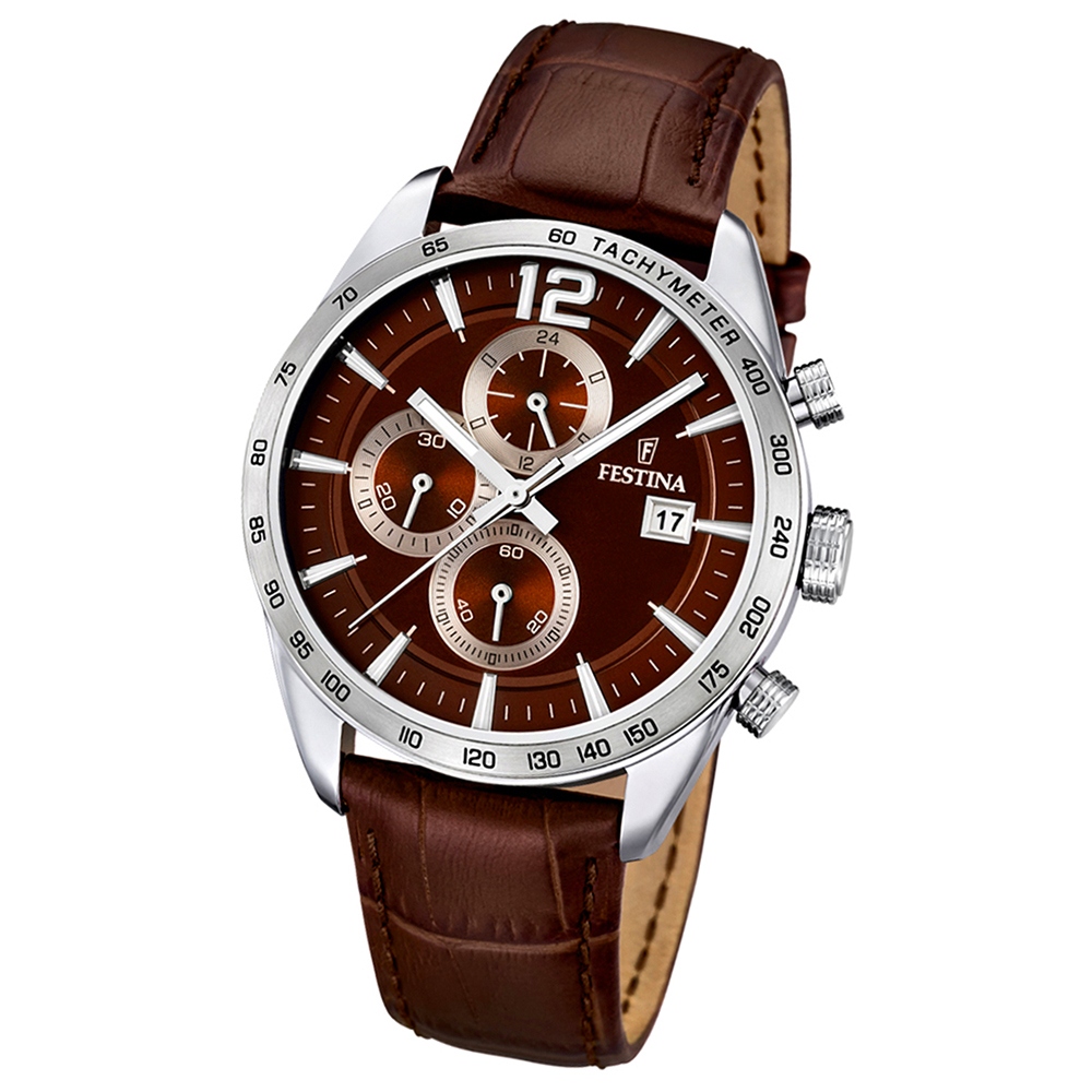 FESTINA Herrenuhr Chronograph analog Quarz braun Lederband Sport Uhren